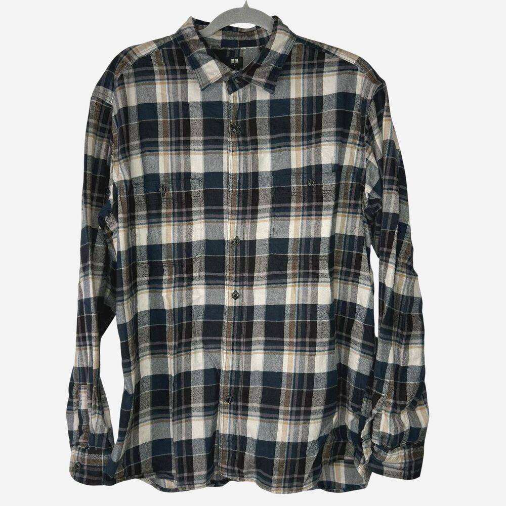 Uniqlo Men's Button Up Cotton Flannel Shirt Plaid Outdoor Size Large Multicolor